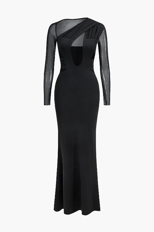 Mesh Cut Out Long Sleeve Maxi Dress