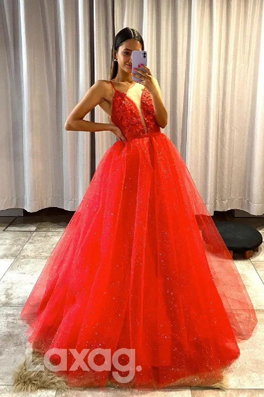 17782 - Plunging V-Neck Lace Applique Long Prom Dress with Detachable Skirt